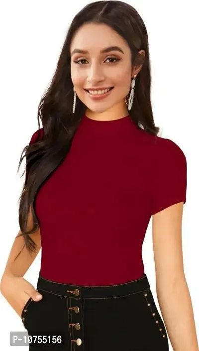 Stylish Solid Maroon Polyester Spandex Round Neck Tees For Women-thumb0