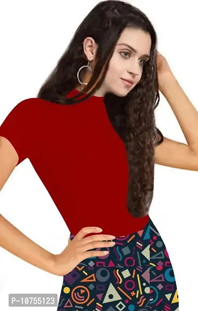 Stylish Solid Red Polyester Spandex Round Neck Tees For Women-thumb2