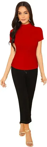 Stylish Solid Red Polyester Spandex Round Neck Tees For Women-thumb4