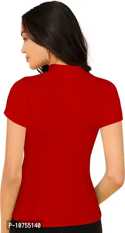 Stylish Solid Red Polyester Spandex Round Neck Tees For Women-thumb3