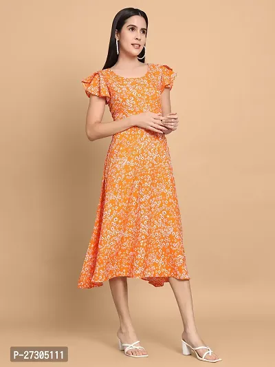 Stylish Orange Polyester Printed Fit And Flare Dress For Women-thumb5