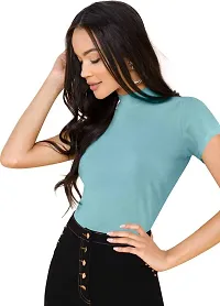 Stylish Solid Turquoise Polyester Spandex Round Neck Tees For Women-thumb1