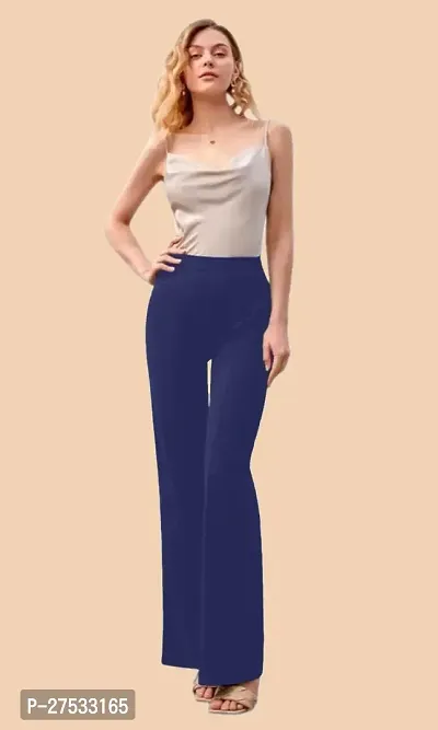 Elegant Navy Blue Polyester Solid Trousers For Women-thumb5