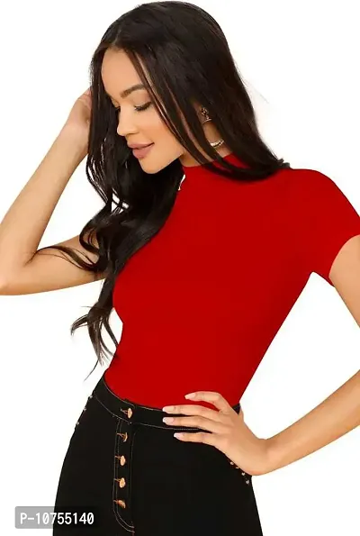 Stylish Solid Red Polyester Spandex Round Neck Tees For Women-thumb2