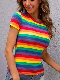 Maheshvi Women Fashion Rainbow Striped Round Neck Tee- (Rainbow)-thumb4