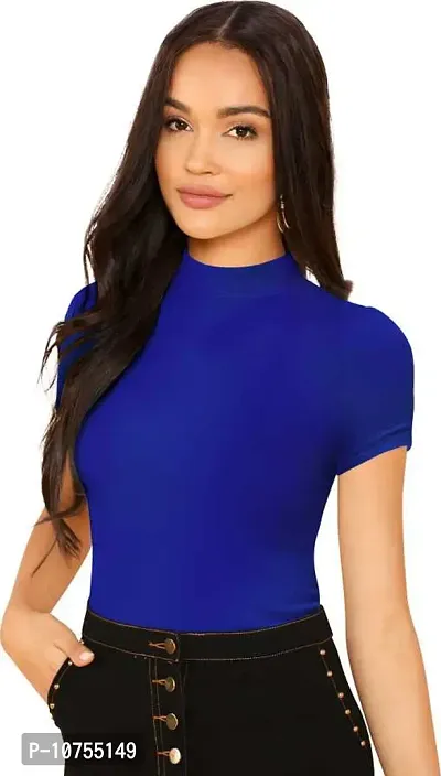 Stylish Solid Blue Polyester Spandex Round Neck Tees For Women