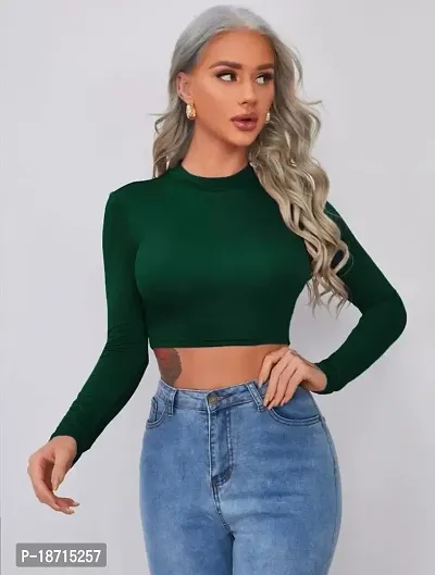 Trendy Green Solid Polyester Blend Crop Top For Women-thumb4