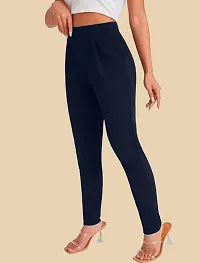 Elegant Navy Blue Polyester Solid Trousers For Women-thumb1