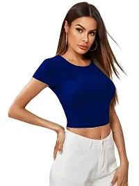 Maheshvi Dream Beauty Fashion Casual Short Sleeves Ribbed Round Neck Polyster Blend Crop Top (17 Inches) Royal Blue -L-thumb1