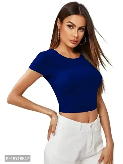 Maheshvi Dream Beauty Fashion Casual Short Sleeves Ribbed Round Neck Polyster Blend Crop Top (17 Inches) Royal Blue -L-thumb2