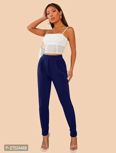 Elegant Navy Blue Polyester Solid Trousers For Women