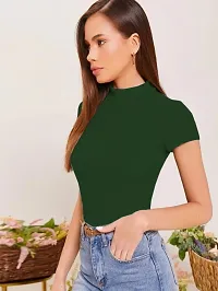 Stylish Solid Green Polyester Spandex Round Neck Tees For Women-thumb1