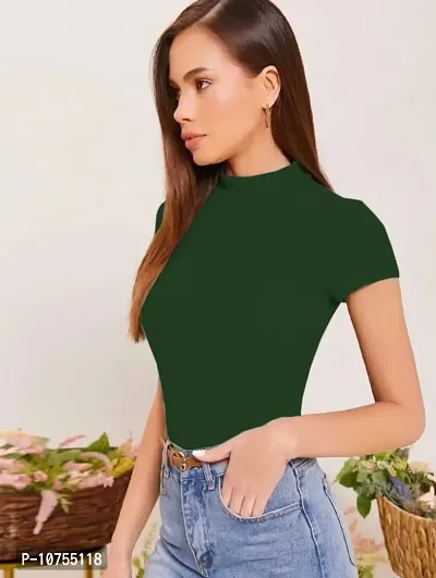 Stylish Solid Green Polyester Spandex Round Neck Tees For Women-thumb2