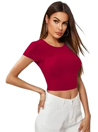 Maheshvi Dream Beauty Fashion Casual Short Sleeves Ribbed Round Neck Polyster Blend Crop Top (17 Inches) Rani -M-thumb1