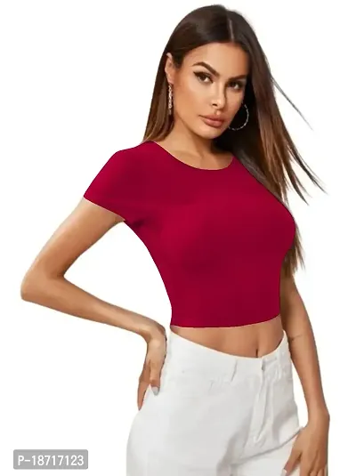 Maheshvi Dream Beauty Fashion Casual Short Sleeves Ribbed Round Neck Polyster Blend Crop Top (17 Inches) Rani -M-thumb2