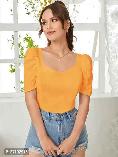 Elegant Yellow Polyester Solid Top For Women-thumb3