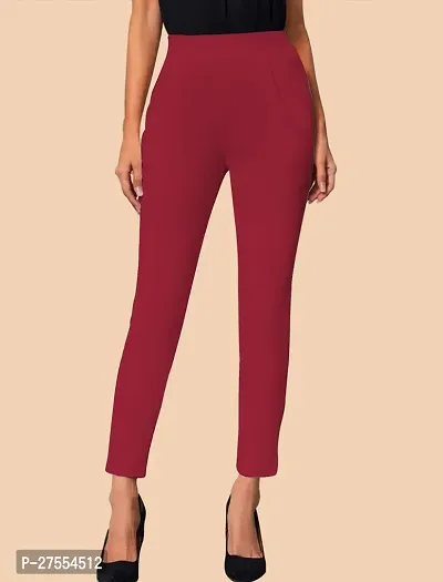 Elegant Maroon Polyester Solid Trousers For Women-thumb0