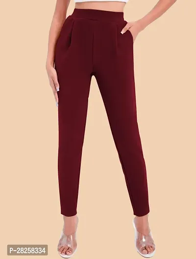 Stylish Maroon Polyester Solid Regular Fit Trousers For Women-thumb5