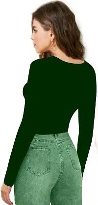 Elegant Green Ribbed V-Neck Full Sleeves Polyester Blend Crop Tee  For Women-thumb3