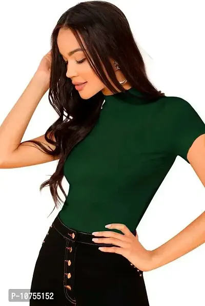 Stylish Solid Green Polyester Spandex Round Neck Tees For Women-thumb2