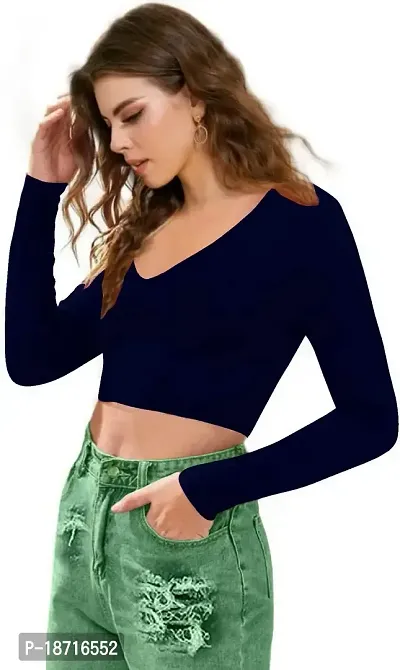 Maheshvi Women's V-Neck Full Sleeve Crop Top (15 Inches) - (Navy Blue),XS - (Baati)-thumb3