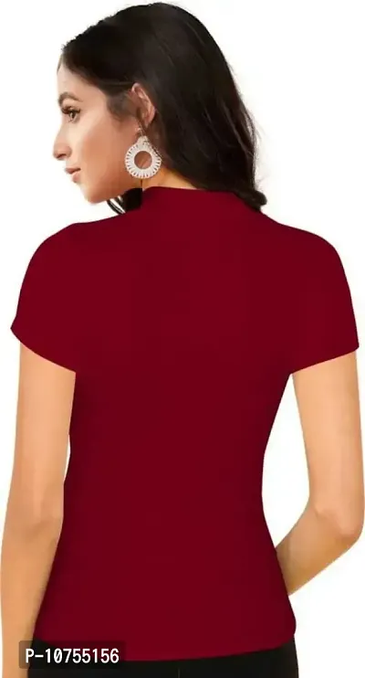 Stylish Solid Maroon Polyester Spandex Round Neck Tees For Women-thumb2