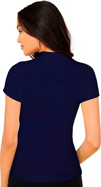 Stylish Solid Navy Blue Polyester Spandex Round Neck Tees For Women-thumb2