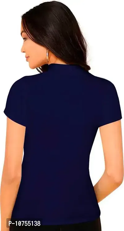 Stylish Solid Navy Blue Polyester Spandex Round Neck Tees For Women-thumb3