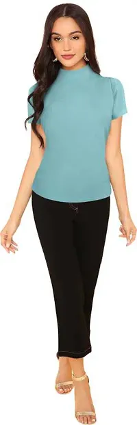 Stylish Solid Turquoise Polyester Spandex Round Neck Tees For Women-thumb3