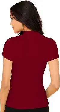 Stylish Solid Maroon Polyester Spandex Round Neck Tees For Women-thumb2