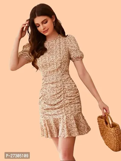 Stylish Beige Polyester Printed Bodycon Dress For Women-thumb0