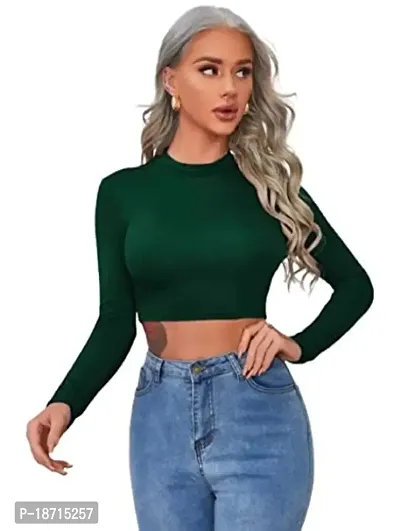 Trendy Green Solid Polyester Blend Crop Top For Women-thumb1