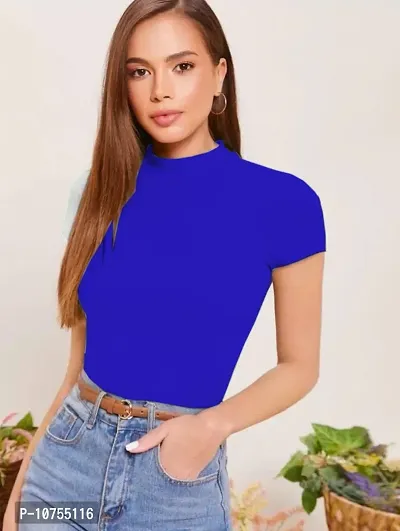 Stylish Solid Blue Polyester Spandex Round Neck Tees For Women-thumb0