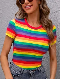 Maheshvi Women Fashion Rainbow Striped Round Neck Tee- (Rainbow)-thumb2