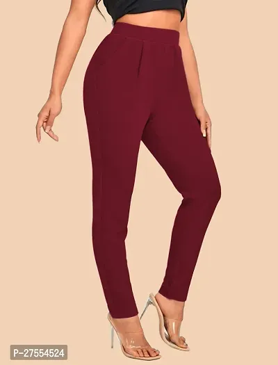 Elegant Maroon Polyester Solid Trousers For Women