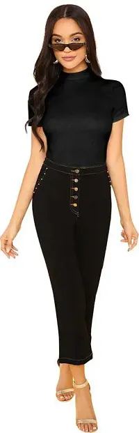 Stylish Solid Black Polyester Spandex Round Neck Tees For Women-thumb4