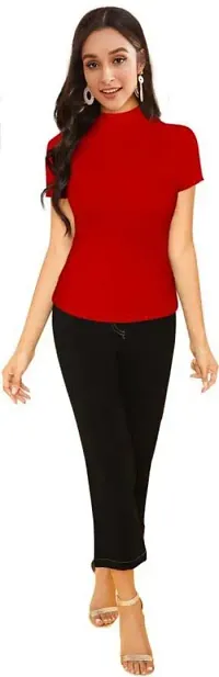 Stylish Solid Red Polyester Spandex Round Neck Tees For Women-thumb2