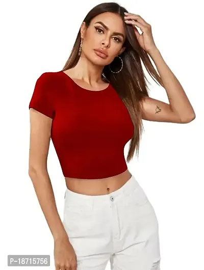 Maheshvi Dream Beauty Fashion Casual Short Sleeves Ribbed Round Neck Polyster Blend Crop Top (17 Inches) Red -S-thumb0