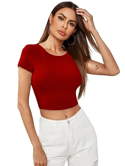 Maheshvi Dream Beauty Fashion Casual Short Sleeves Ribbed Round Neck Polyster Blend Crop Top (17"" Inches)