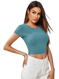 Maheshvi Dream Beauty Fashion Casual Short Sleeves Ribbed Round Neck Polyster Blend Crop Top (17 Inches) Pista -XL-thumb1