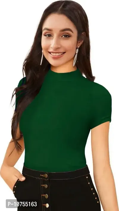 Stylish Solid Green Polyester Spandex Round Neck Tees For Women-thumb0