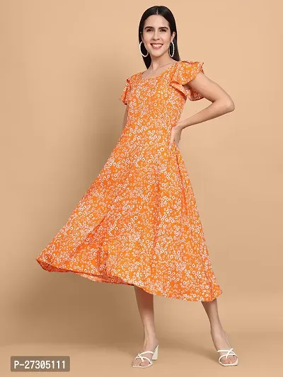 Stylish Orange Polyester Printed Fit And Flare Dress For Women