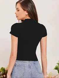 Stylish Solid Black Polyester Spandex Round Neck Tees For Women-thumb2