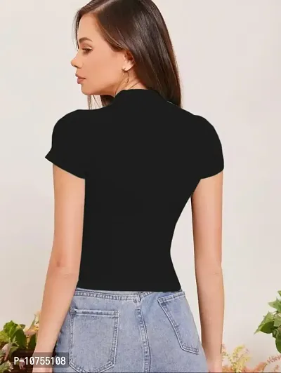 Stylish Solid Black Polyester Spandex Round Neck Tees For Women-thumb3