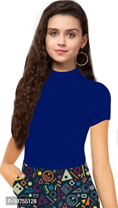 Stylish Solid Blue Polyester Spandex Round Neck Tees For Women