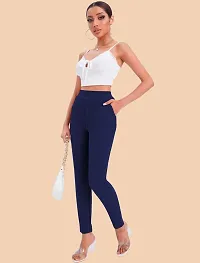 Stylish Navy Blue Polyester Solid Regular Fit Trousers For Women-thumb3