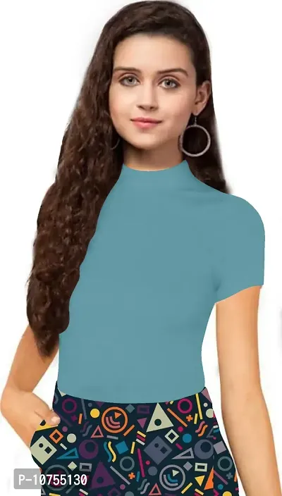 Stylish Solid Turquoise Polyester Spandex Round Neck Tees For Women