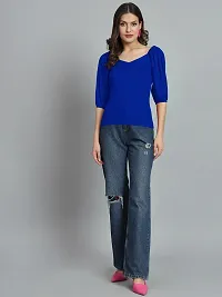 Elegant Blue Polyester Solid Top For Women-thumb3