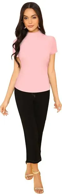 Stylish Solid Peach Polyester Spandex Round Neck Tees For Women-thumb4