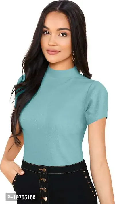 Stylish Solid Turquoise Polyester Spandex Round Neck Tees For Women-thumb0